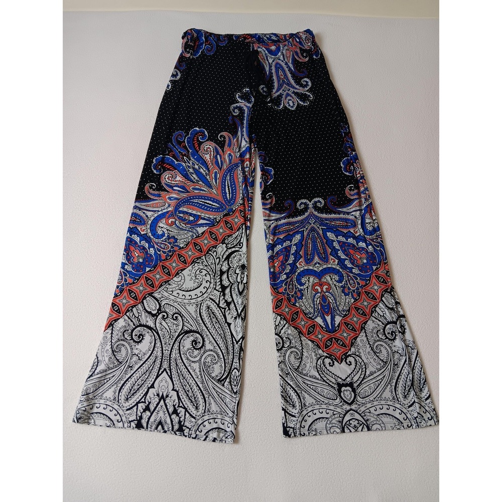 Black Paisley Dress Pants Womens Large Jersey Stretch Drawstring Elastic Waist‎